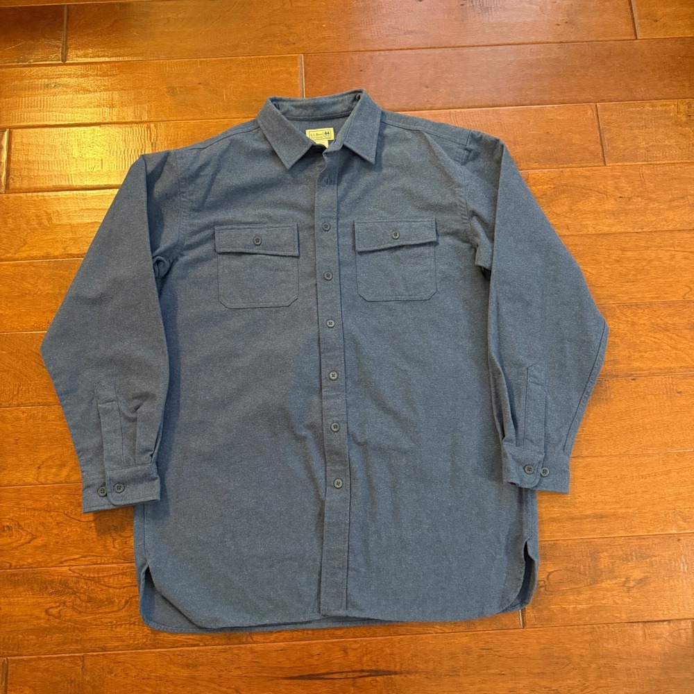 LL Bean Flannel Shirt Mens L Tall Blue Chamois Cloth Button Heavyweight Cotton